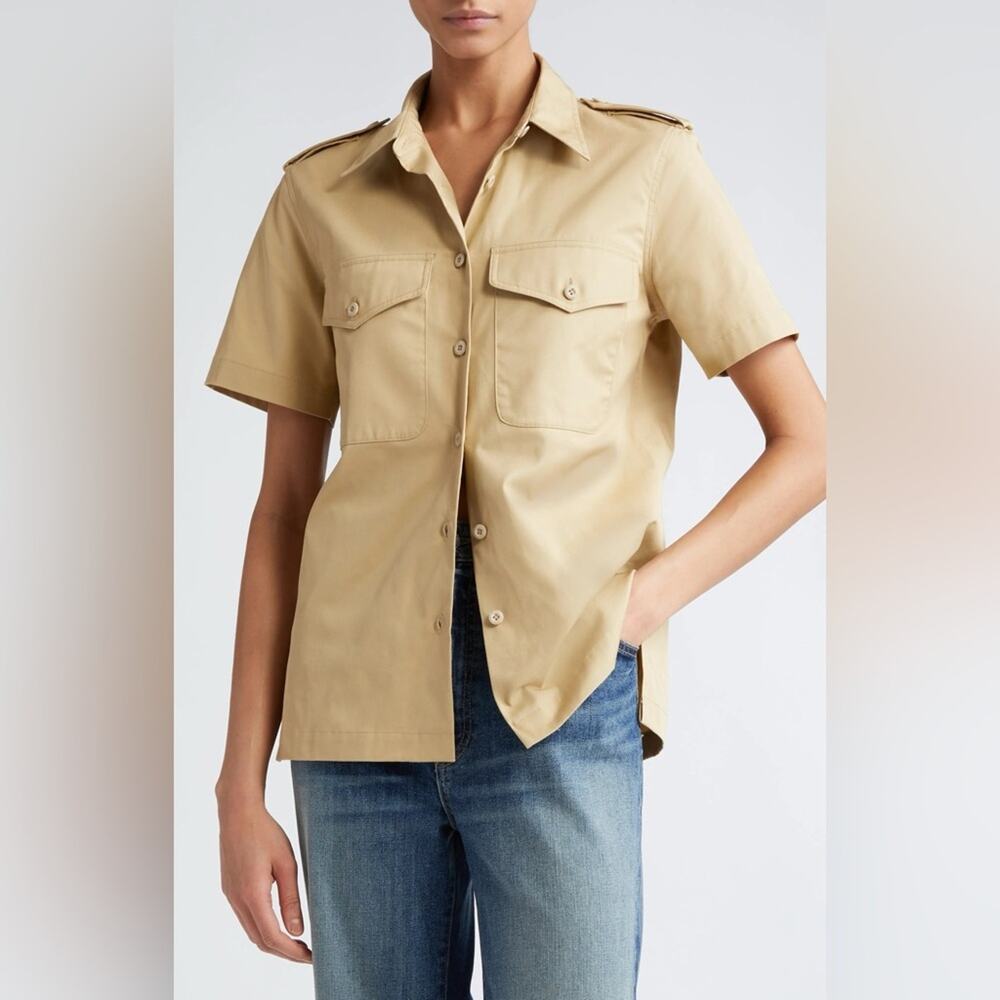 NWOT Nili Lotan Natalie Khaki Cotton Military Short Sleeve Shirt Size XS
